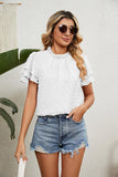 RUFFLED ROUND NECK JACQUARD WEAVE CHIFFON BLOUSE - Doublju