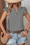 RUFFLED SLEEVE V NECK STRIPE T SHIRT - Doublju