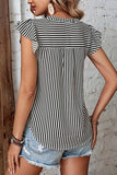 RUFFLED SLEEVE V NECK STRIPE T SHIRT - Doublju
