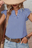 RUFFLED SLEEVE V NECK STRIPE T SHIRT - Doublju