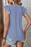 RUFFLED SLEEVE V NECK STRIPE T SHIRT - Doublju