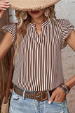 RUFFLED SLEEVE V NECK STRIPE T SHIRT - Doublju