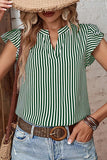 RUFFLED SLEEVE V NECK STRIPE T SHIRT - Doublju