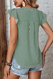 RUFFLED SLEEVE V NECK STRIPE T SHIRT - Doublju