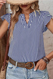 RUFFLED SLEEVE V NECK STRIPE T SHIRT - Doublju