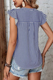 RUFFLED SLEEVE V NECK STRIPE T SHIRT - Doublju