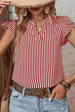 RUFFLED SLEEVE V NECK STRIPE T SHIRT - Doublju