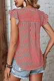 RUFFLED SLEEVE V NECK STRIPE T SHIRT - Doublju