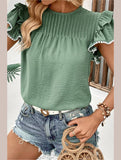 WOMEN SMOCKED RUFFLE PETAL SLEEVE TEE - Doublju