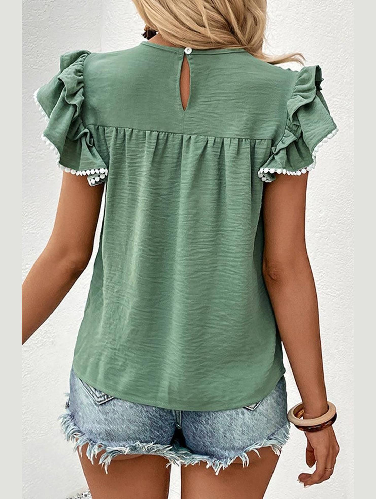 WOMEN SMOCKED RUFFLE PETAL SLEEVE TEE - Doublju