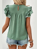 WOMEN SMOCKED RUFFLE PETAL SLEEVE TEE - Doublju