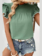 WOMEN SMOCKED RUFFLE PETAL SLEEVE TEE - Doublju