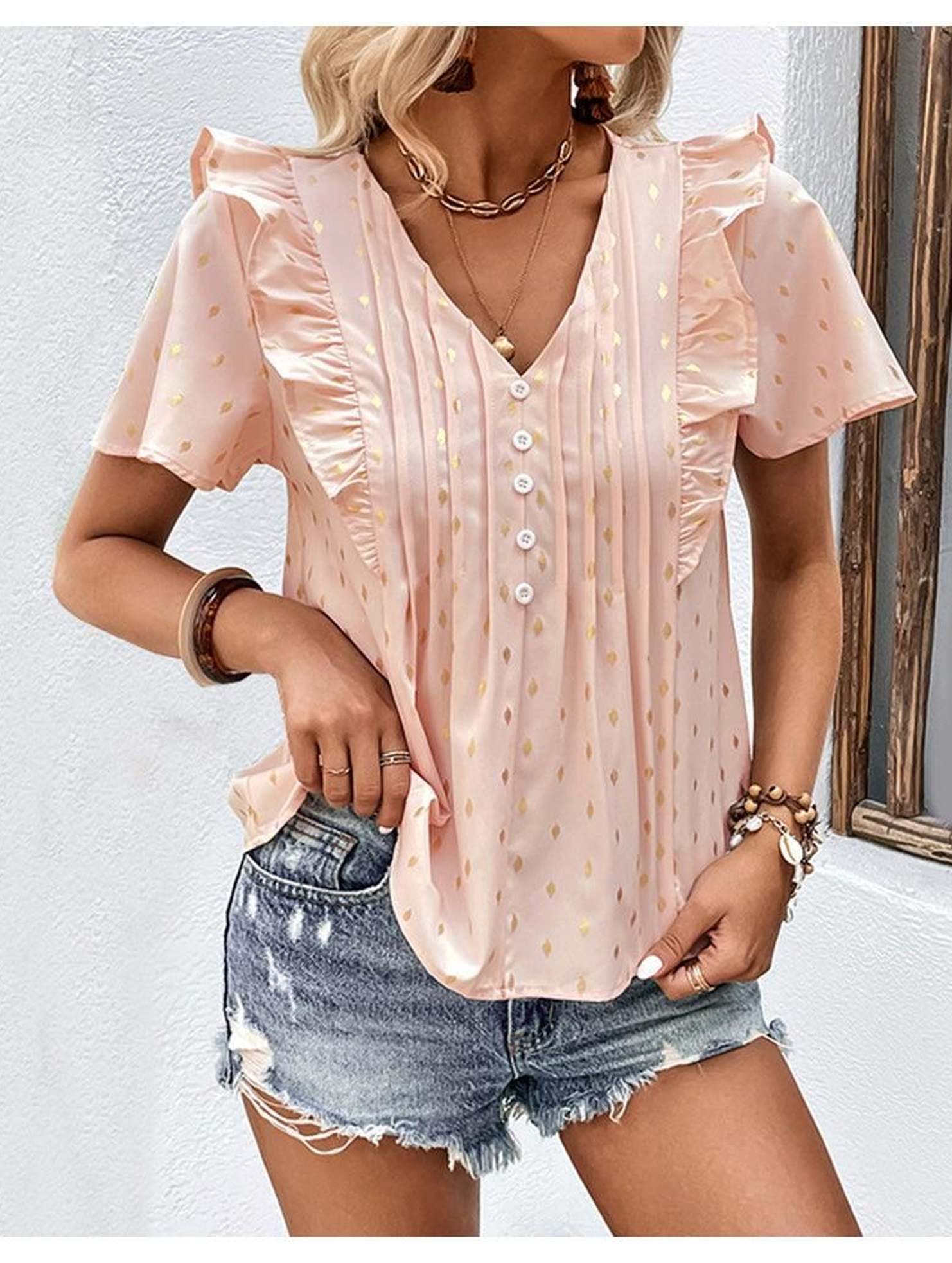 WOMEN BUTTONED V NECK RUFFLE SHORT SUMMER T SHIRT - Doublju