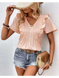 WOMEN BUTTONED V NECK RUFFLE SHORT SUMMER T SHIRT - Doublju
