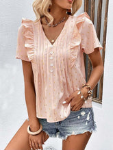 WOMEN BUTTONED V NECK RUFFLE SHORT SUMMER T SHIRT - Doublju