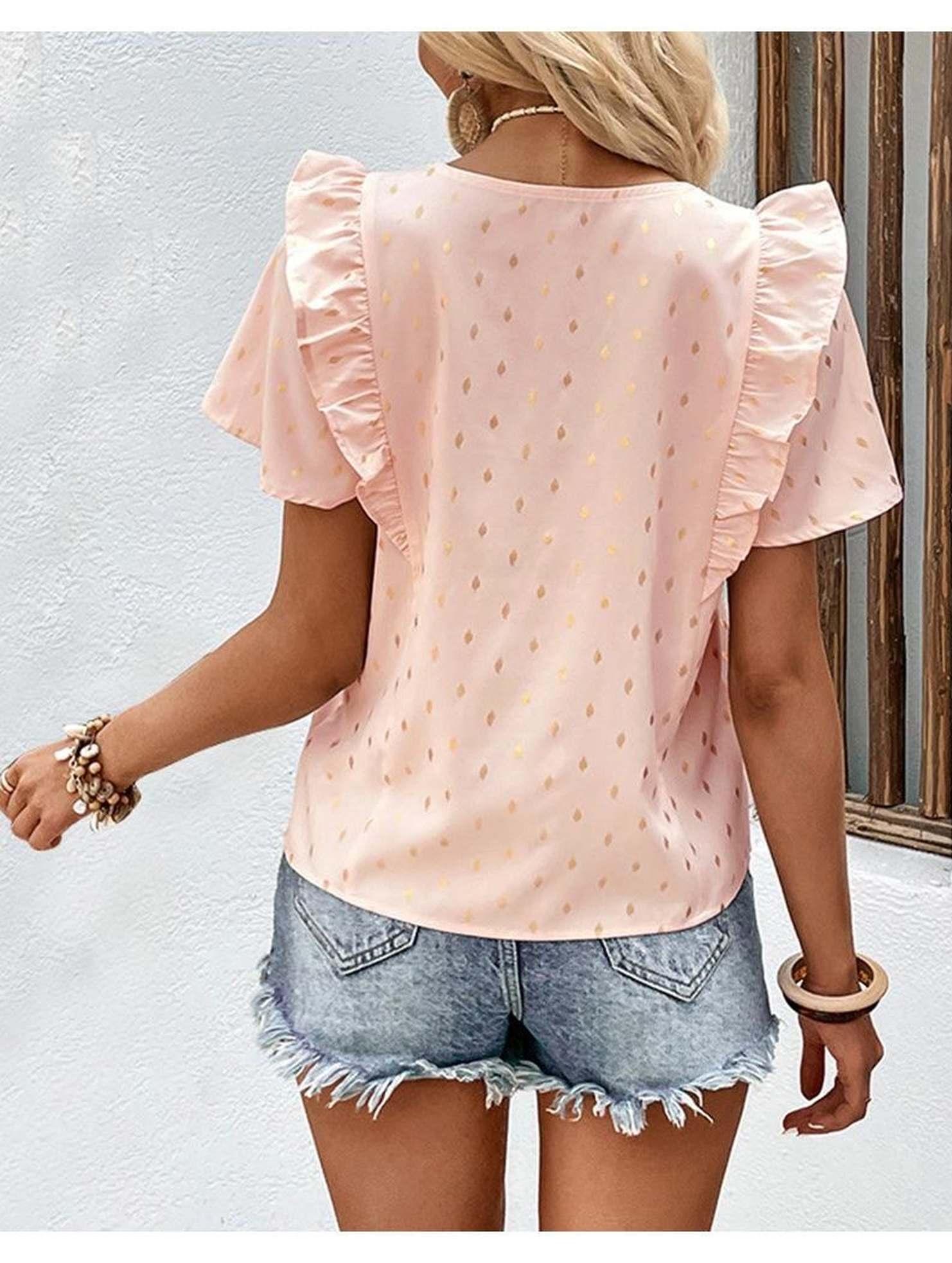 WOMEN BUTTONED V NECK RUFFLE SHORT SUMMER T SHIRT - Doublju