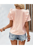 WOMEN BUTTONED V NECK RUFFLE SHORT SUMMER T SHIRT - Doublju