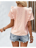 WOMEN BUTTONED V NECK RUFFLE SHORT SUMMER T SHIRT - Doublju