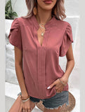 WOMEN V NECK PETAL TULIP SLEEVE T SHIRT - Doublju