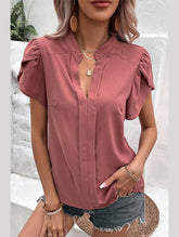 WOMEN V NECK PETAL TULIP SLEEVE T SHIRT - Doublju