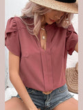 WOMEN V NECK PETAL TULIP SLEEVE T SHIRT - Doublju