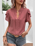 WOMEN V NECK PETAL TULIP SLEEVE T SHIRT - Doublju