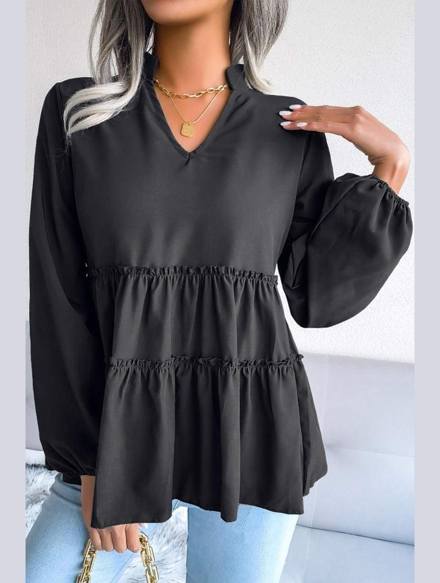 LANTERN LONG SLEEVE RUFFLED CHIFFON TUNIC TOP - Doublju