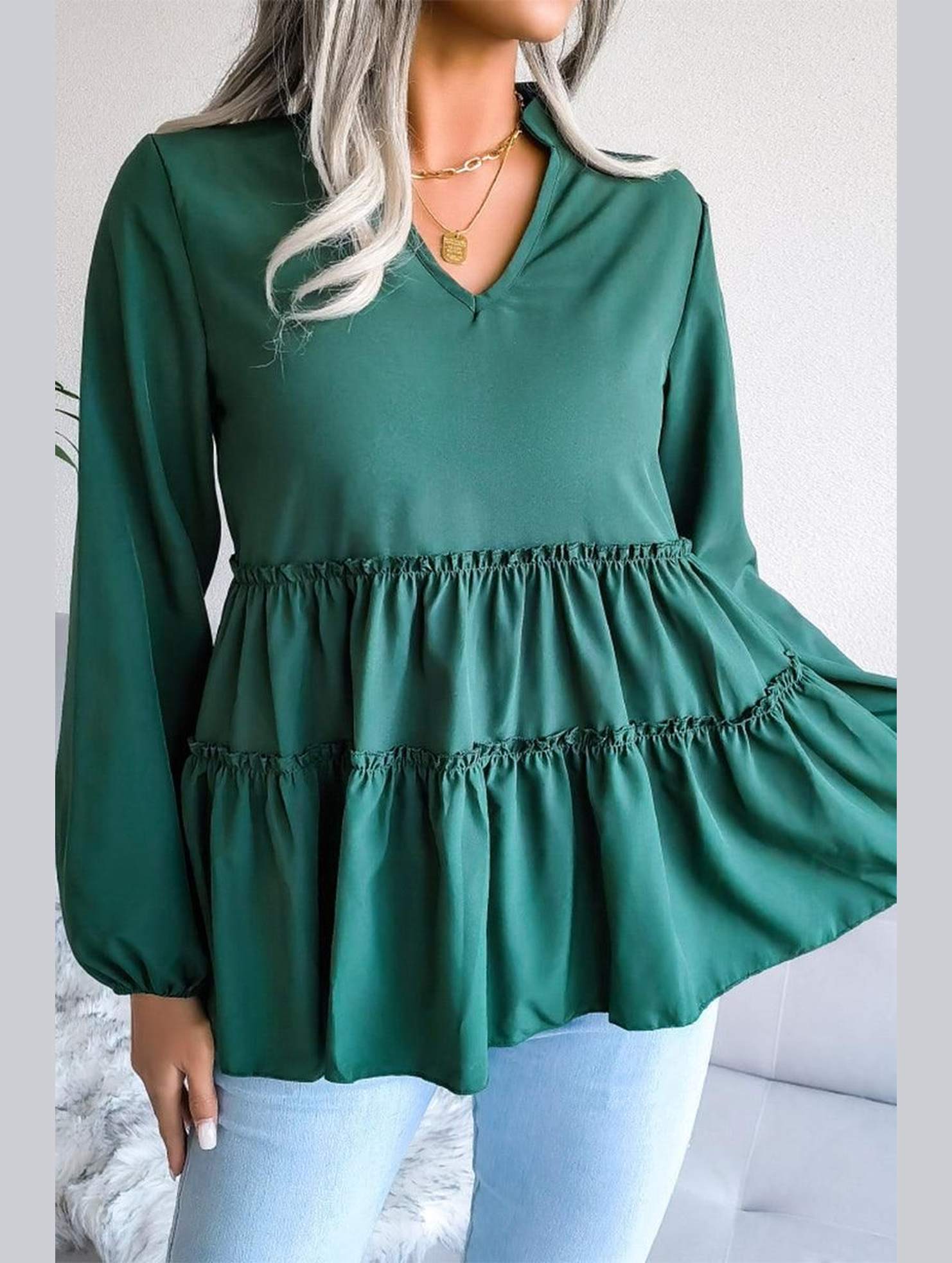 LANTERN LONG SLEEVE RUFFLED CHIFFON TUNIC TOP - Doublju