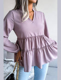 LANTERN LONG SLEEVE RUFFLED CHIFFON TUNIC TOP - Doublju