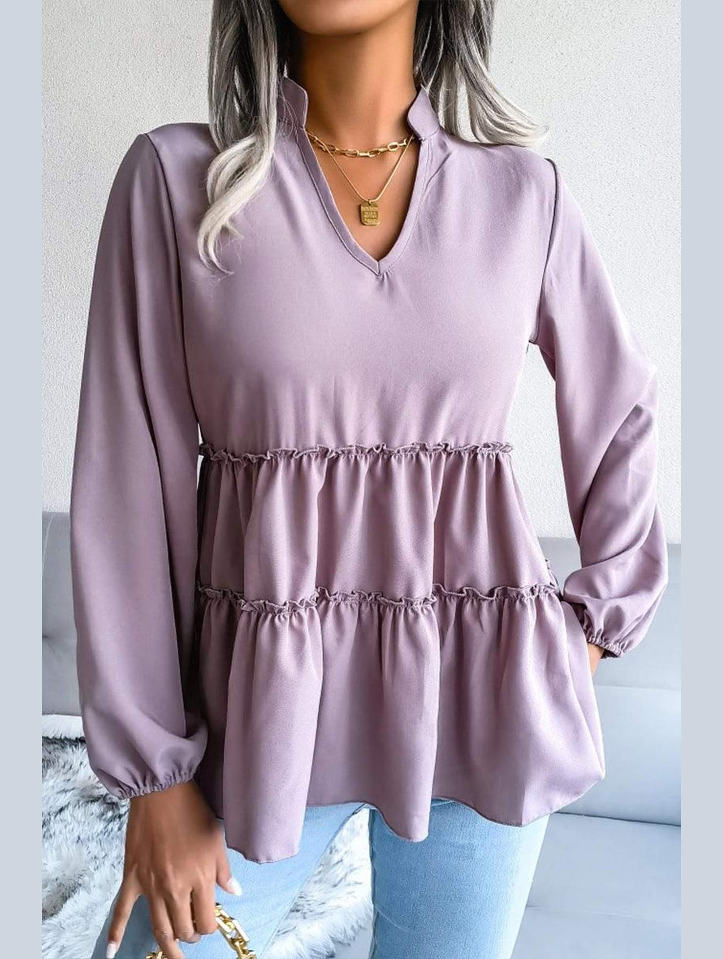LANTERN LONG SLEEVE RUFFLED CHIFFON TUNIC TOP - Doublju