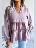 LANTERN LONG SLEEVE RUFFLED CHIFFON TUNIC TOP - Doublju