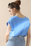 WOMENS V NECK TRIM ROLLED SHORT SLEEVE BLOUSE TOP