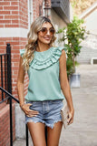 RUFFLED FRILL ROUND NECK CHIFFON TUNIC TOP - Doublju