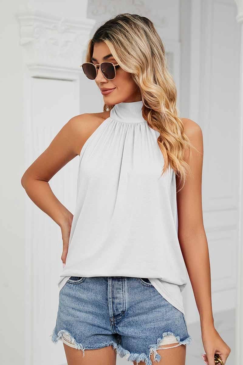 PLEATED HALTER NECK LOOSE TUNIC TOP - Doublju