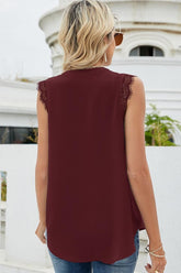 LACE SLEEVELESS FOLDED CHEST V NECK TUNIC TOP - Doublju