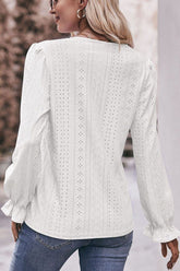 WOMEN LACE TRIM V NECK FLARED SLEEVE BLOUSE