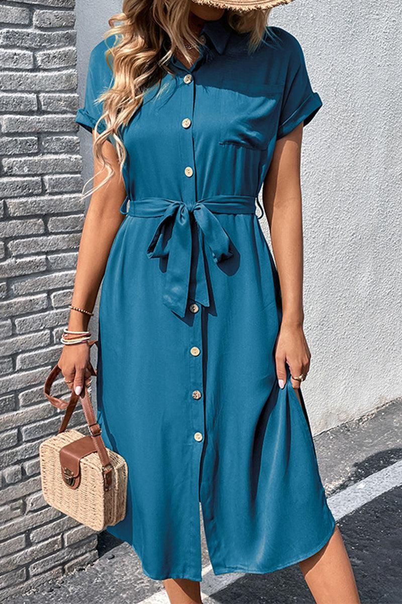 ROLL UP SLEEVE BUTTON UP BELTED SLIT DRESS - Doublju
