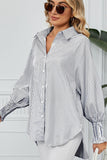 CUFF DRAW PLEATED LOOSE STRIPE COLLAR SHIRTS - Doublju
