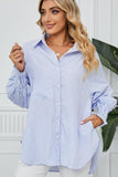 CUFF DRAW PLEATED LOOSE STRIPE COLLAR SHIRTS - Doublju