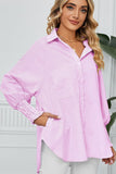 CUFF DRAW PLEATED LOOSE STRIPE COLLAR SHIRTS - Doublju