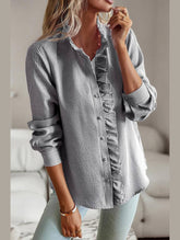BUTTON UP LACE STRIPE SHIRT - Doublju