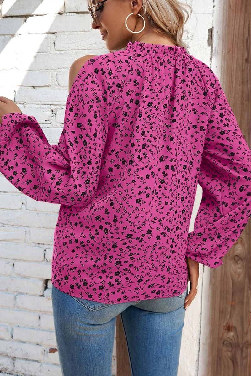 WOMEN CUT OUT SHOULDER FLORAL BLOUSE - Doublju