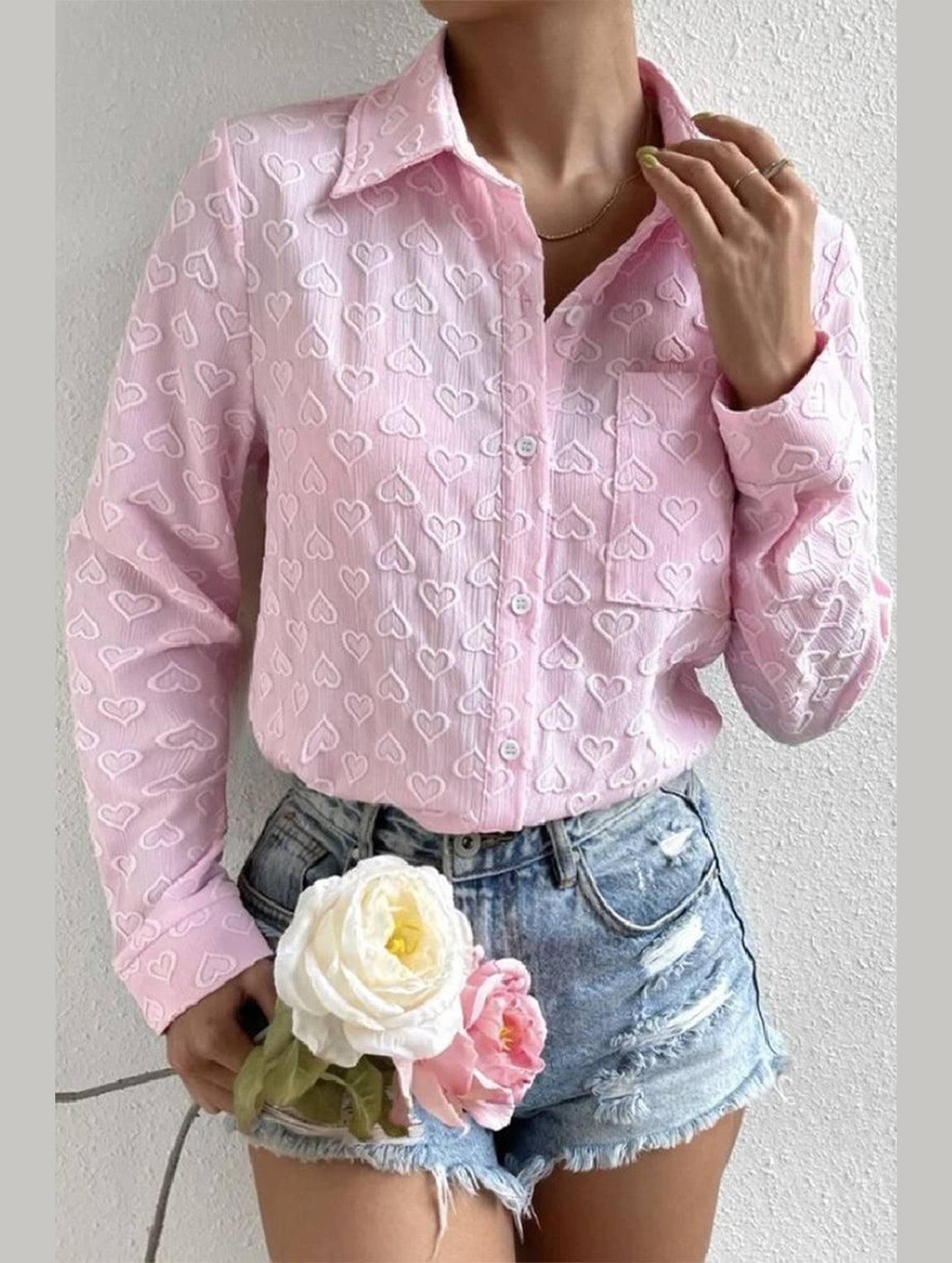 WOMEN HEART STITCHED BUTTON UP CUTE SHIRT - Doublju