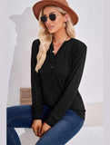 WOMEN BUTTONED V NECK RIB SLEEVE CASUAL TEE - Doublju