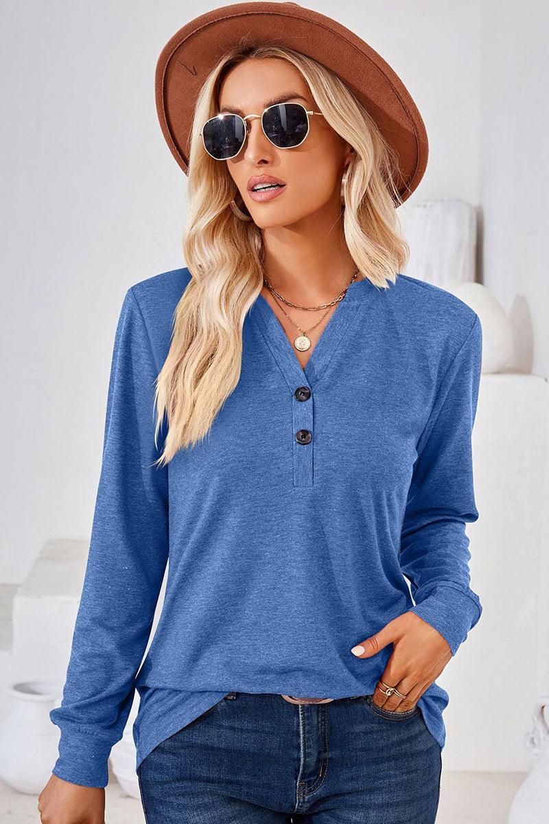 WOMEN BUTTONED V NECK RIB SLEEVE CASUAL TEE - Doublju