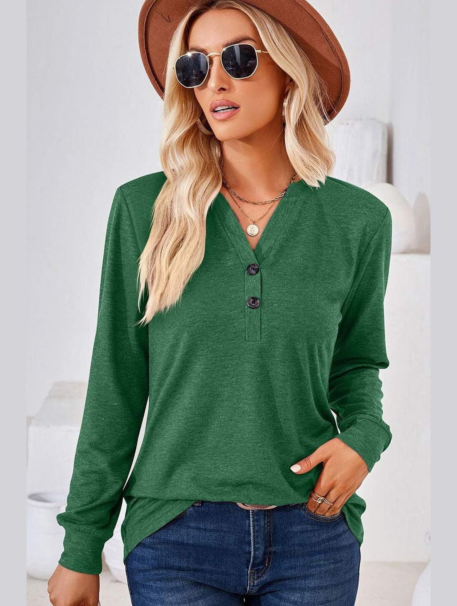 WOMEN BUTTONED V NECK RIB SLEEVE CASUAL TEE - Doublju