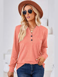 WOMEN BUTTONED V NECK RIB SLEEVE CASUAL TEE - Doublju