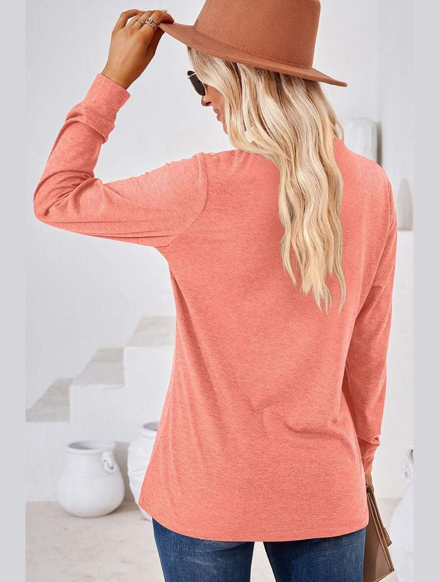 WOMEN BUTTONED V NECK RIB SLEEVE CASUAL TEE - Doublju