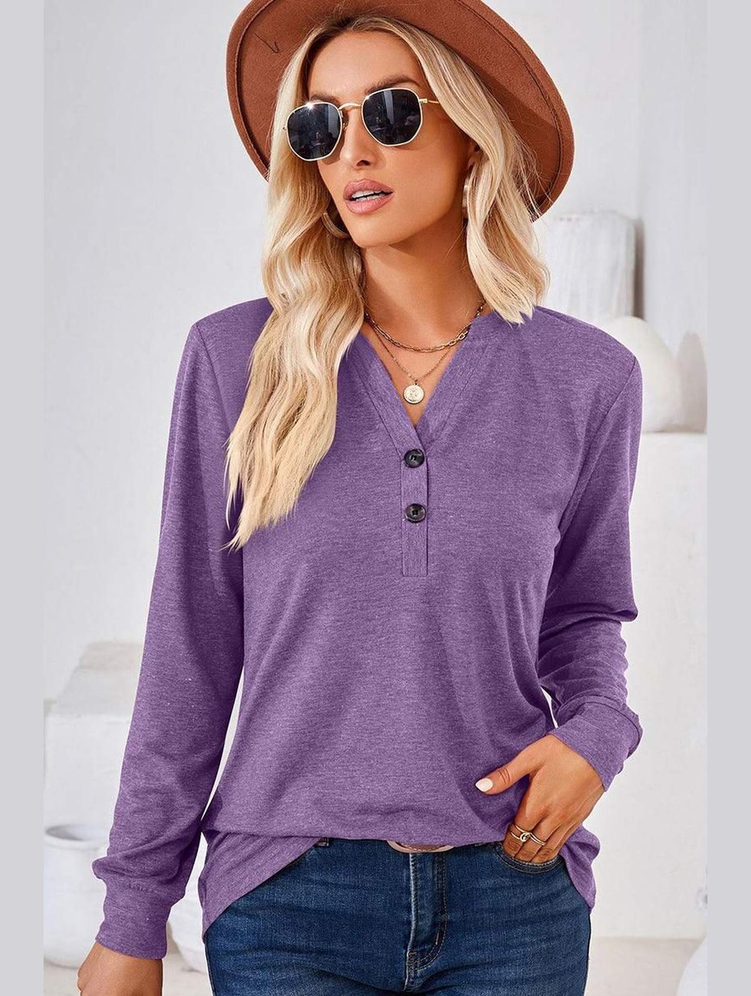 WOMEN BUTTONED V NECK RIB SLEEVE CASUAL TEE - Doublju