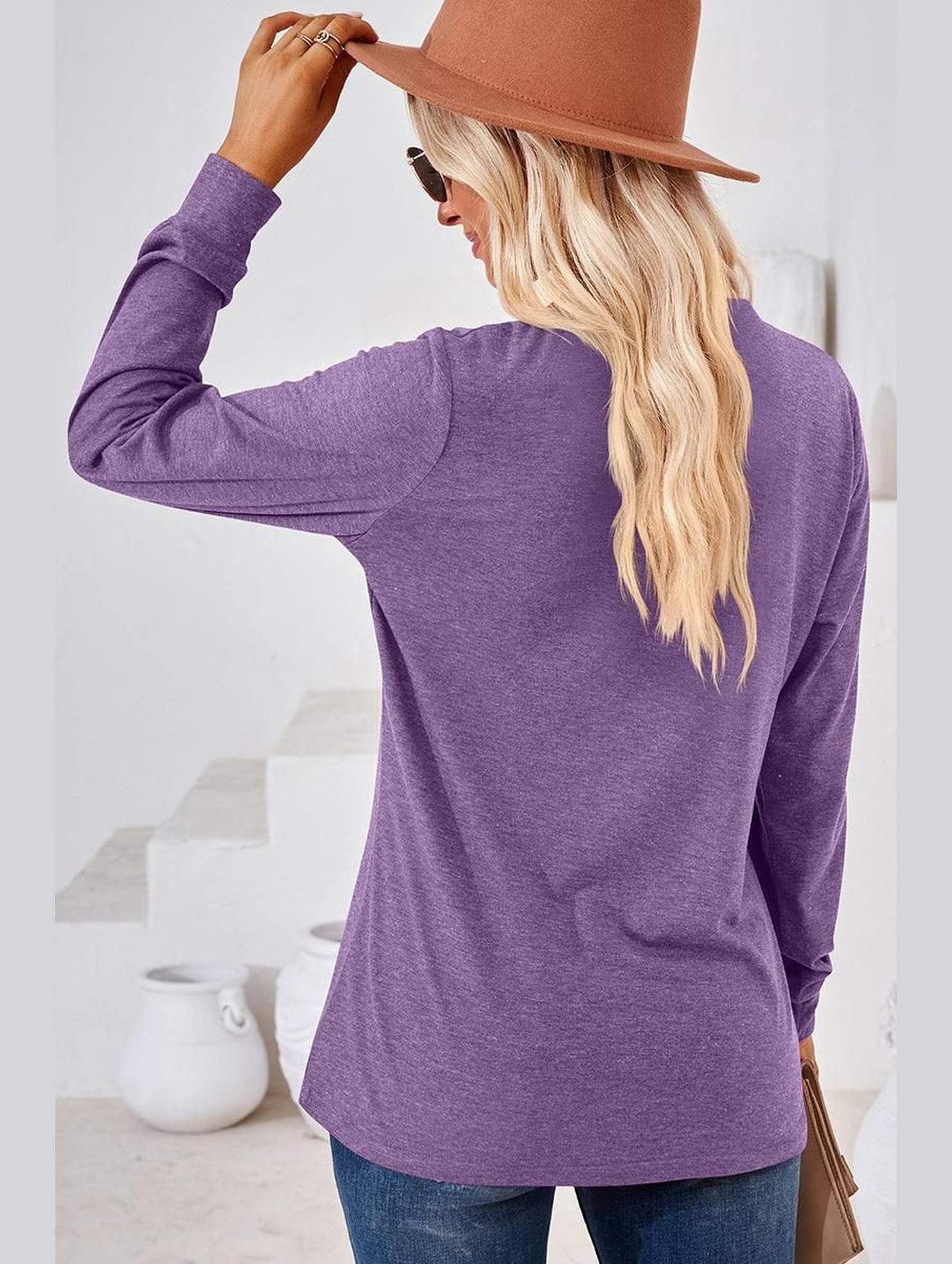 WOMEN BUTTONED V NECK RIB SLEEVE CASUAL TEE - Doublju